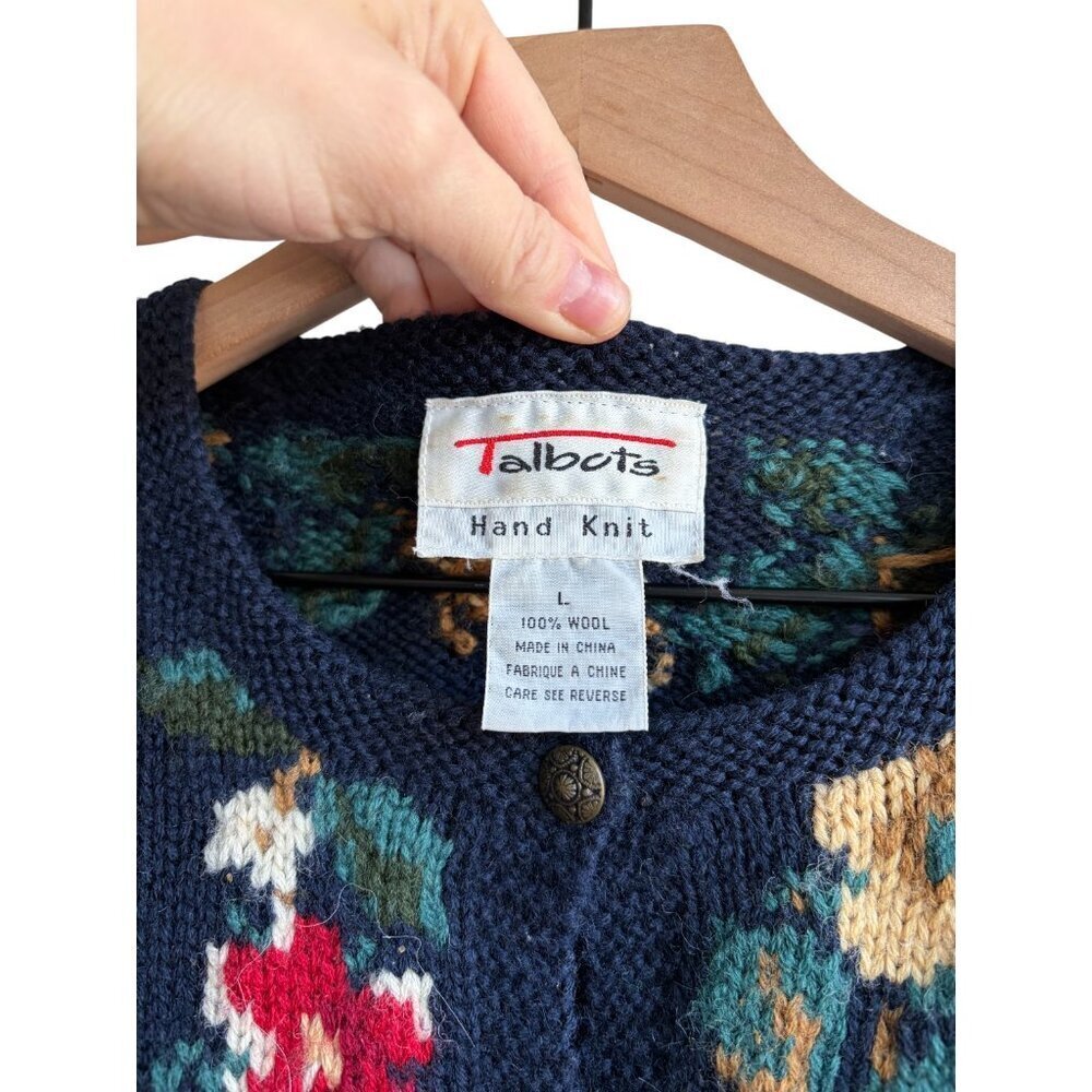 Vintage Talbots Hand Knit 100% Wool Flowers Cardigan Large Cottage Core Floral - Picture 6 of 6